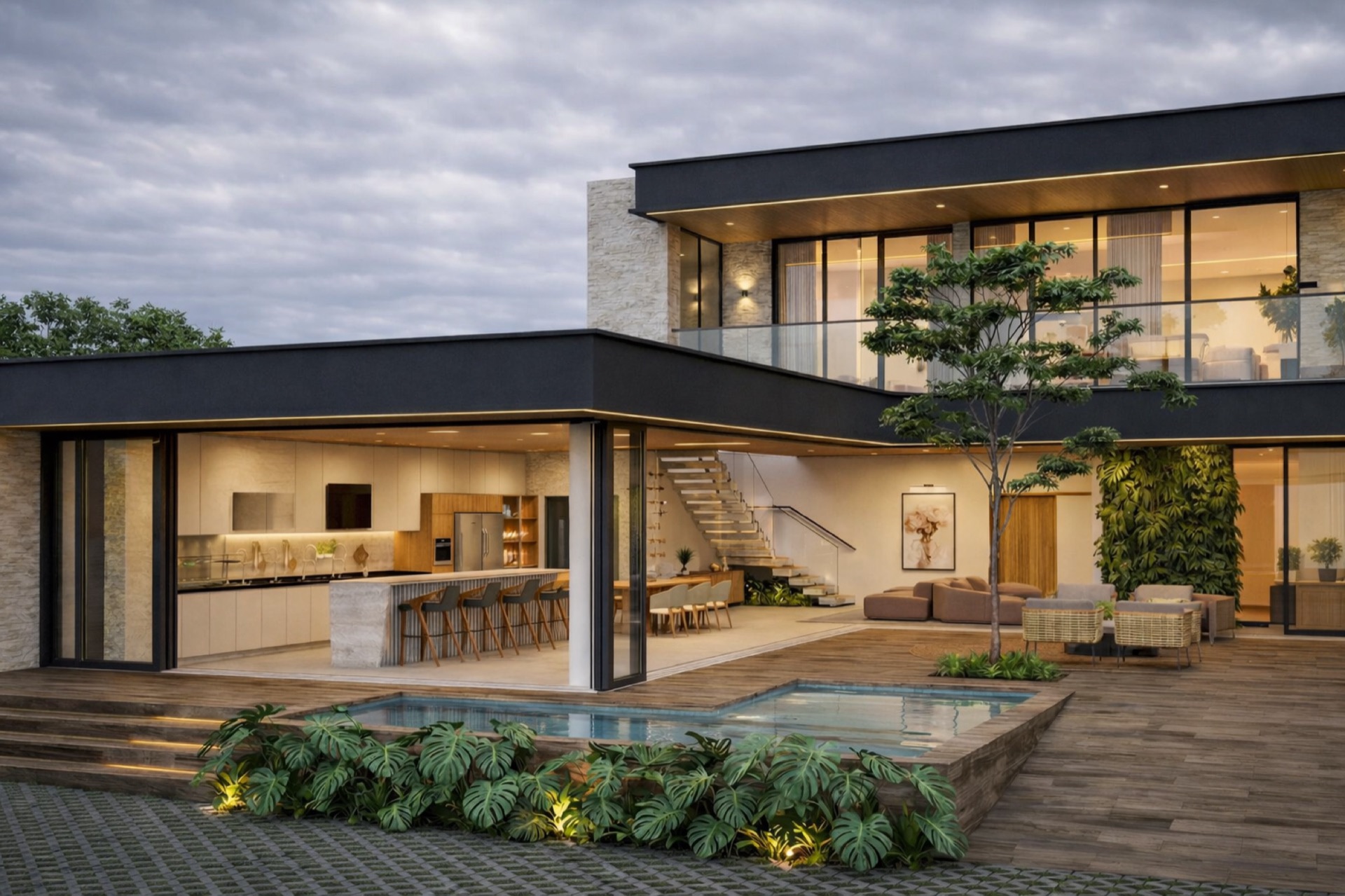 Fachada contemporânea com iluminação noturna