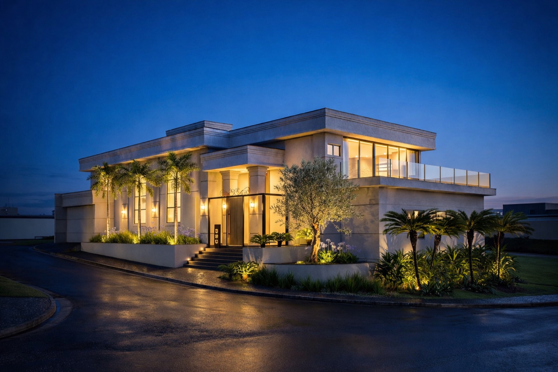 Arquitetura residencial com piscina e jardim