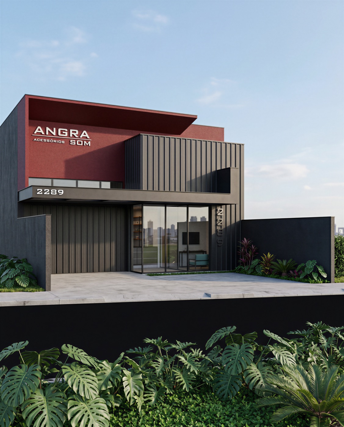 Fachada comercial moderna em tons escuros e vermelho