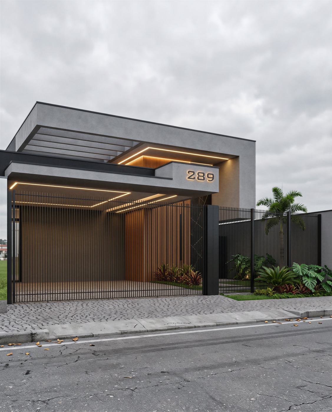Fachada residencial minimalista em tons de cinza
