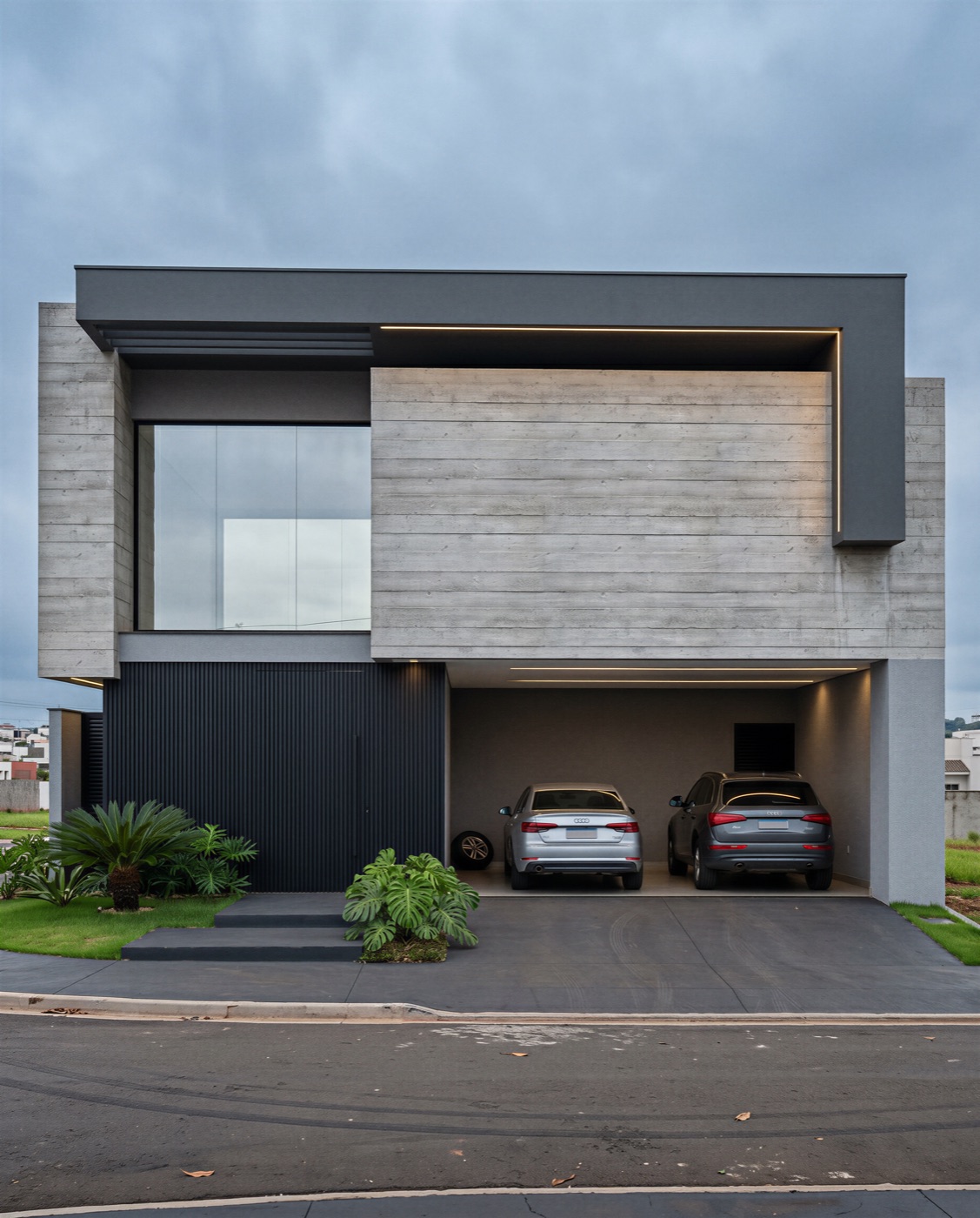 Residência em concreto e volumes escuros com garagem integrada