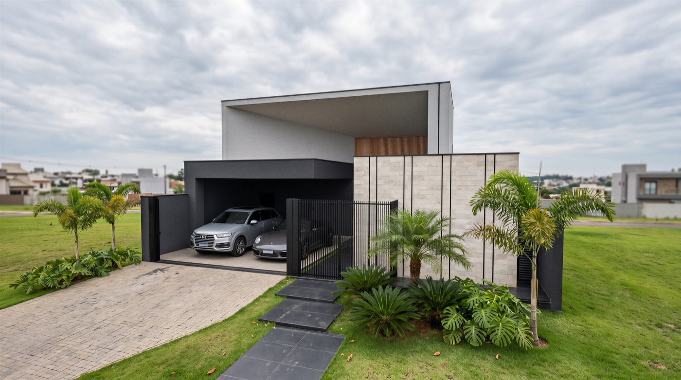 Residência contemporânea com garagem e paisagismo