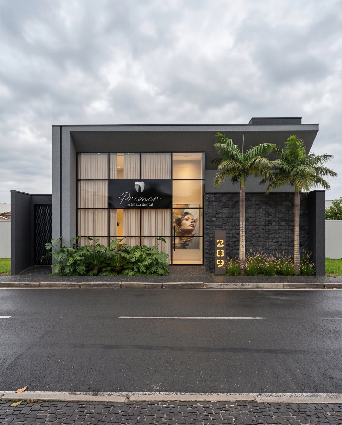 Fachada de clínica em concreto e madeira