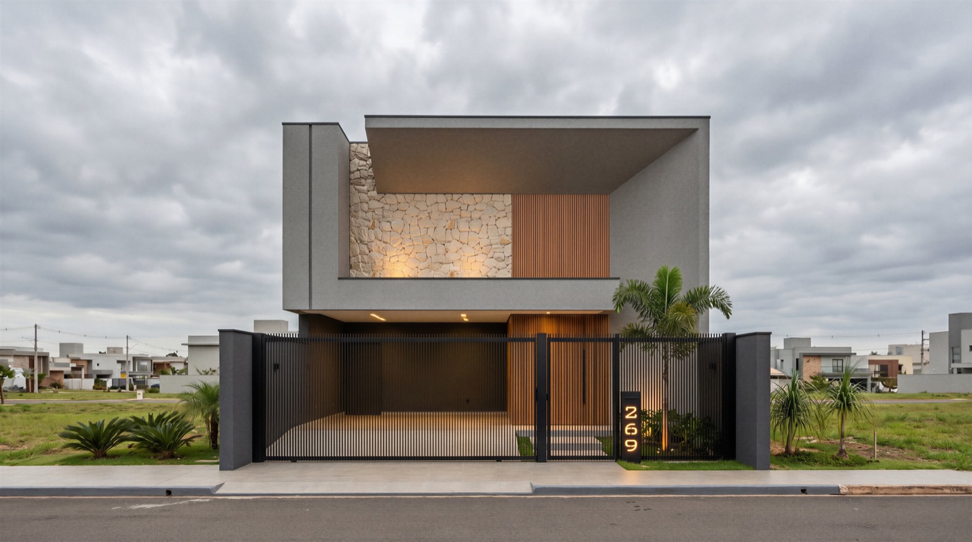 Sobrado contemporâneo em concreto e madeira