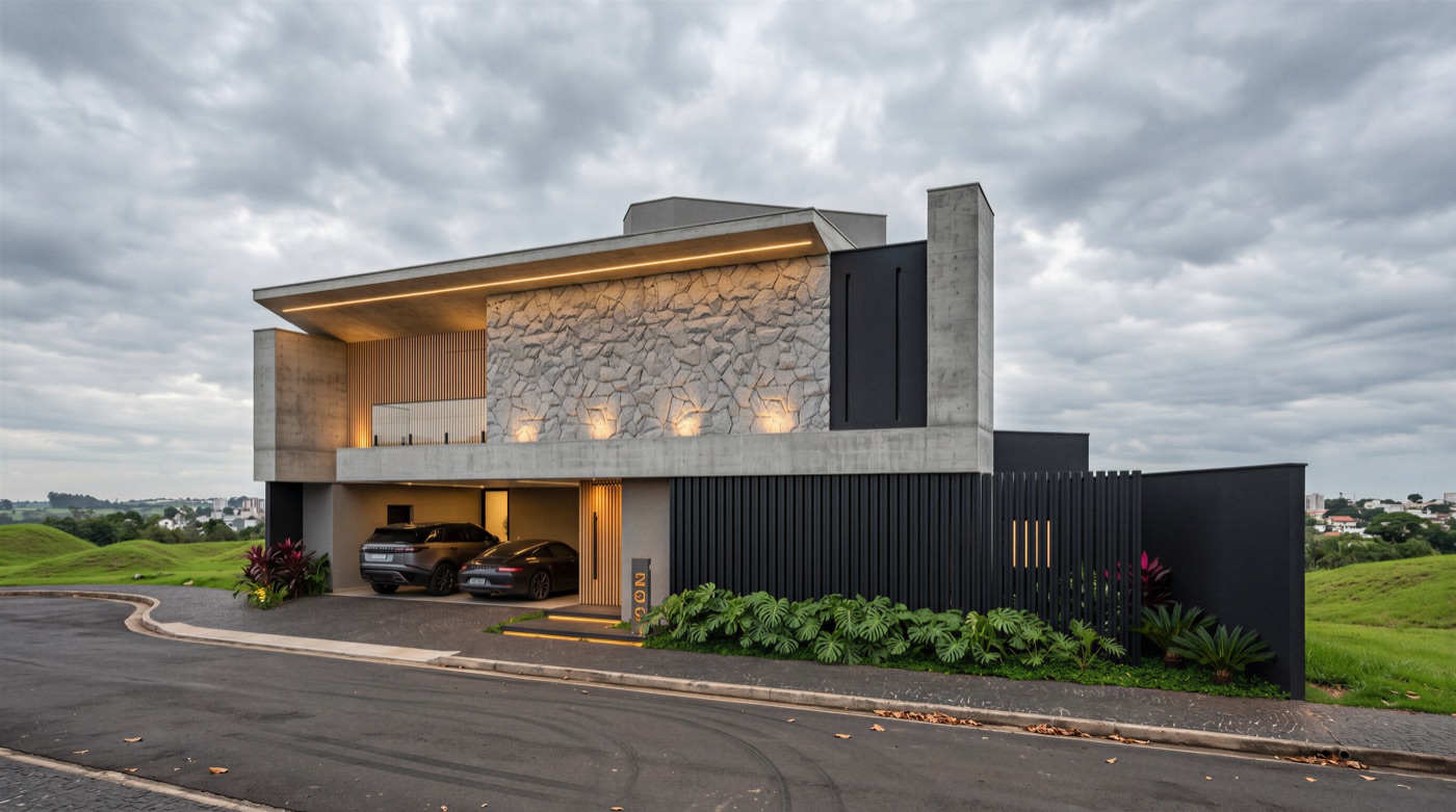 Residência contemporânea em concreto sobre terreno em desnível