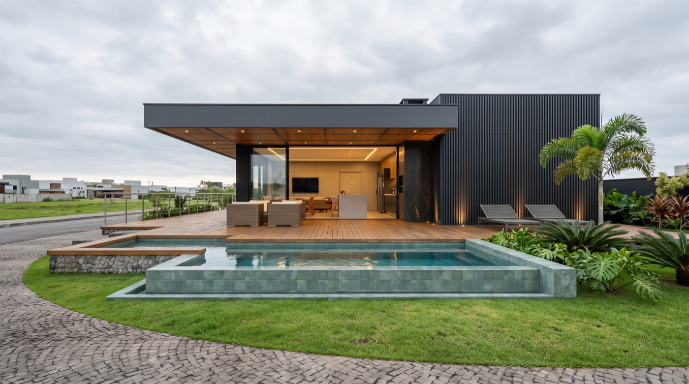 Residência térrea com piscina e amplo deck